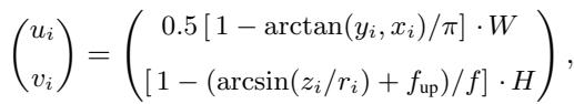 Equation for projecting 3D points to 2D image coordinates based on azimuth and elevation angles.