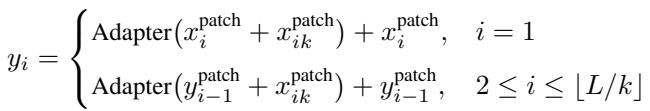 Equation defining the MultiConv adapter process, where adapters refine patch features at specific intervals while keeping token features untouched.