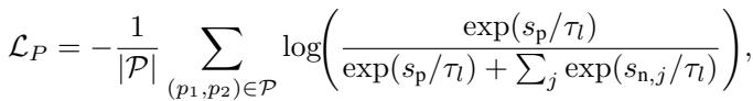 Equation for Patch-InfoNCE loss, calculating contrastive loss based on cosine similarities of positive and negative patch pairs.