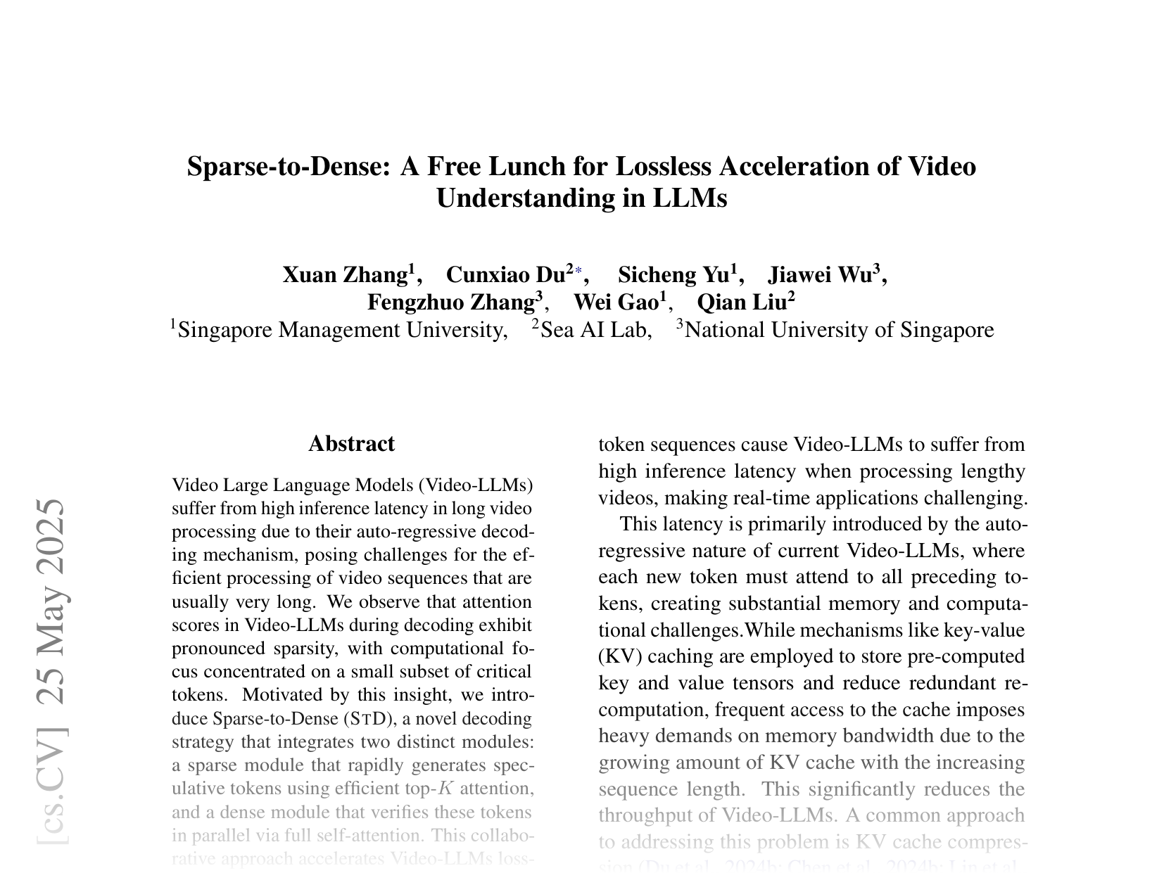 [Sparse-to-Dense: A Free Lunch for Lossless Acceleration of Video Understanding in LLMs 🔗](https://arxiv.org/abs/2505.19155)