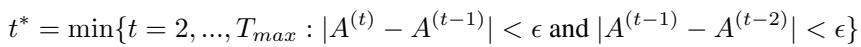 Equation for the early stopping criterion, which halts further iterations once accuracy gains are smaller than a set threshold ε for two successive steps.
