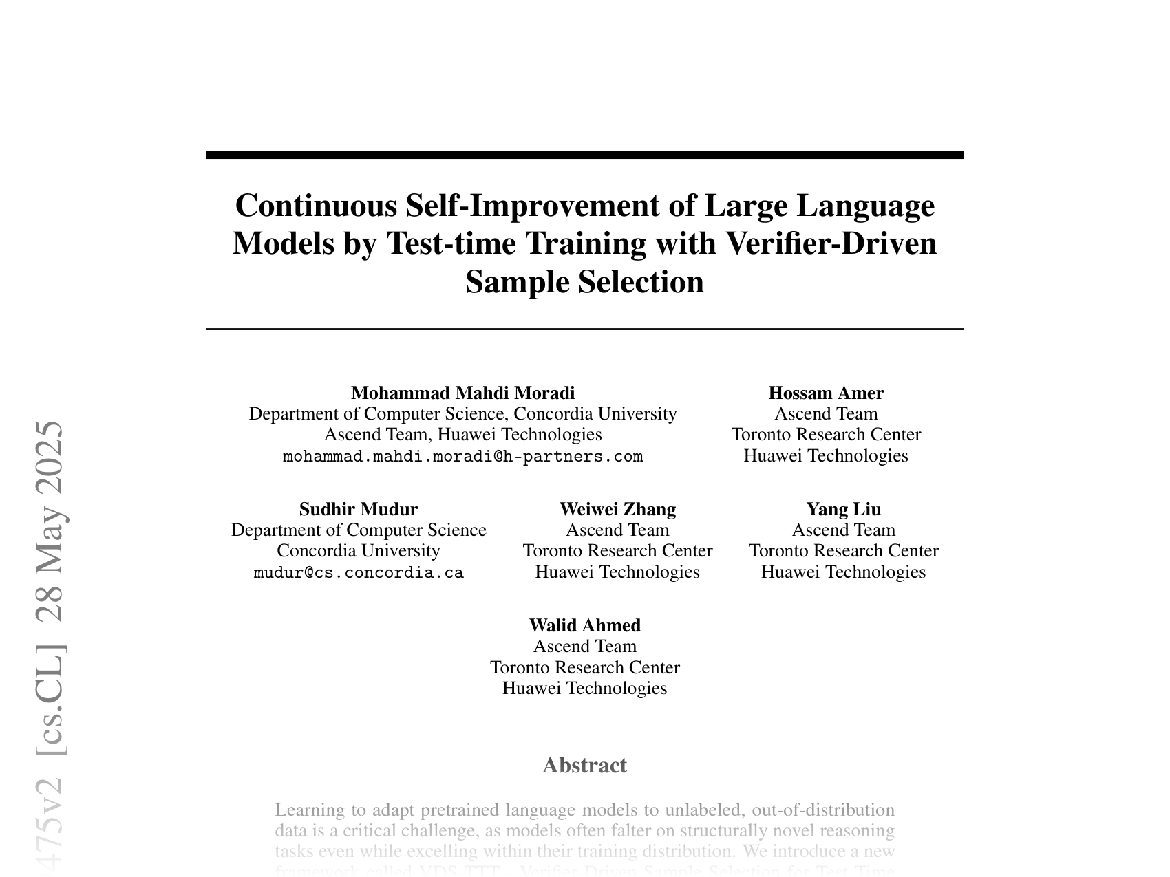 [Continuous Self-Improvement of Large Language Models by Test-time Training with Verifier-Driven Sample Selection 🔗](https://arxiv.org/abs/2505.19475)
