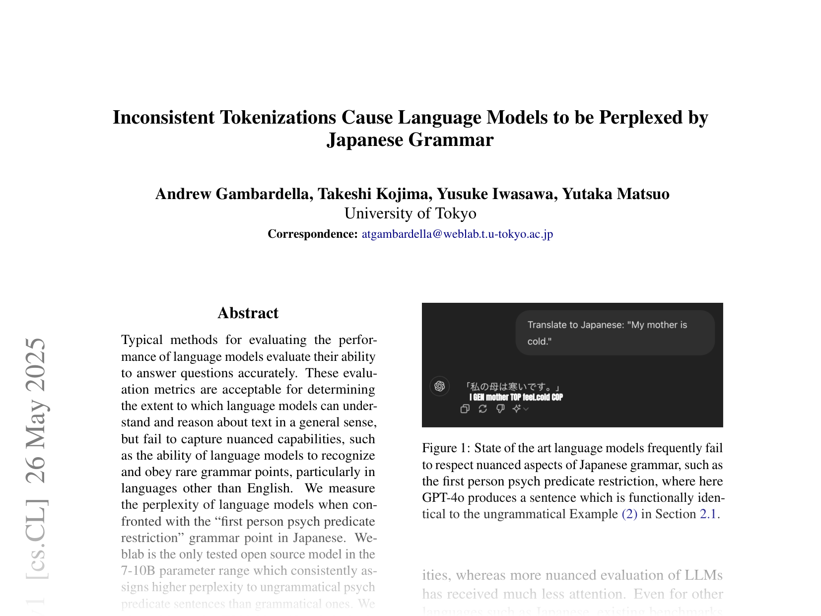 [Inconsistent Tokenizations Cause Language Models to be Perplexed by Japanese Grammar 🔗](https://arxiv.org/abs/2505.19599)