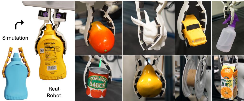 Figure 1: We introduce a co-design framework that jointly optimizes the spatial stiffness distribution and grasping poses of soft grippers via a simulation-trained neural surrogate. Hardware experiments demonstrate that our optimized grippers outperform both rigid and overly compliant designs.