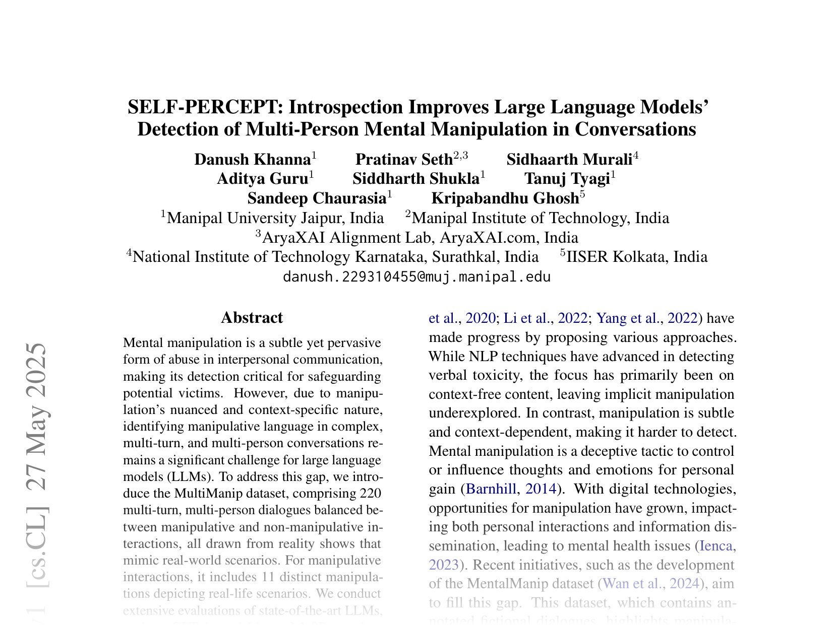[SELF-PERCEPT: Introspection Improves Large Language Models' Detection of Multi-Person Mental Manipulation in Conversations 🔗](https://arxiv.org/abs/2505.20679)