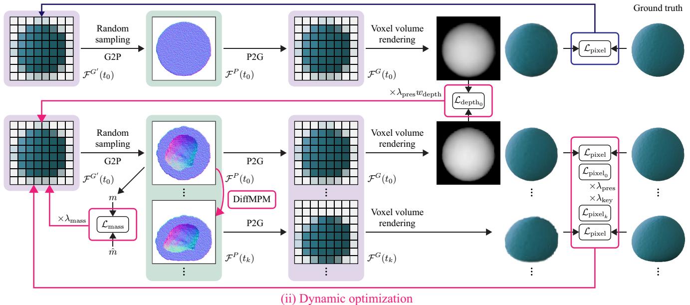 The optimization pipeline of SfC-NeRF. (i) shows static optimization of the first frame. (ii) shows dynamic optimization over the video sequence using physical and appearance constraints.