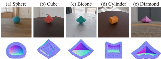 Examples of the data in the SfC dataset showing different shapes like spheres, cubes, and diamonds.