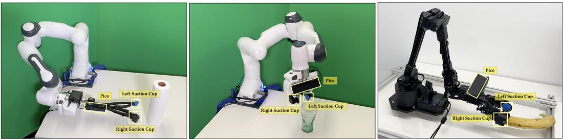 图 4: 我们将 CLAMP 设备上的触觉传感器安装在三种机器人载体上并收集触觉数据。左: 配备 CLAMP 设备的 Franka。中: 配备平行夹爪的 Franka。右: 配备平行夹爪的 WidowX。