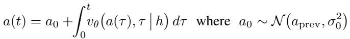 Integral equation showing the action at time t equals the initial action plus the integral of the learned velocity field.