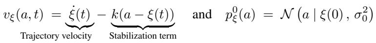 Equation showing the velocity field composed of trajectory velocity and a stabilization term (negative proportional error feedback).