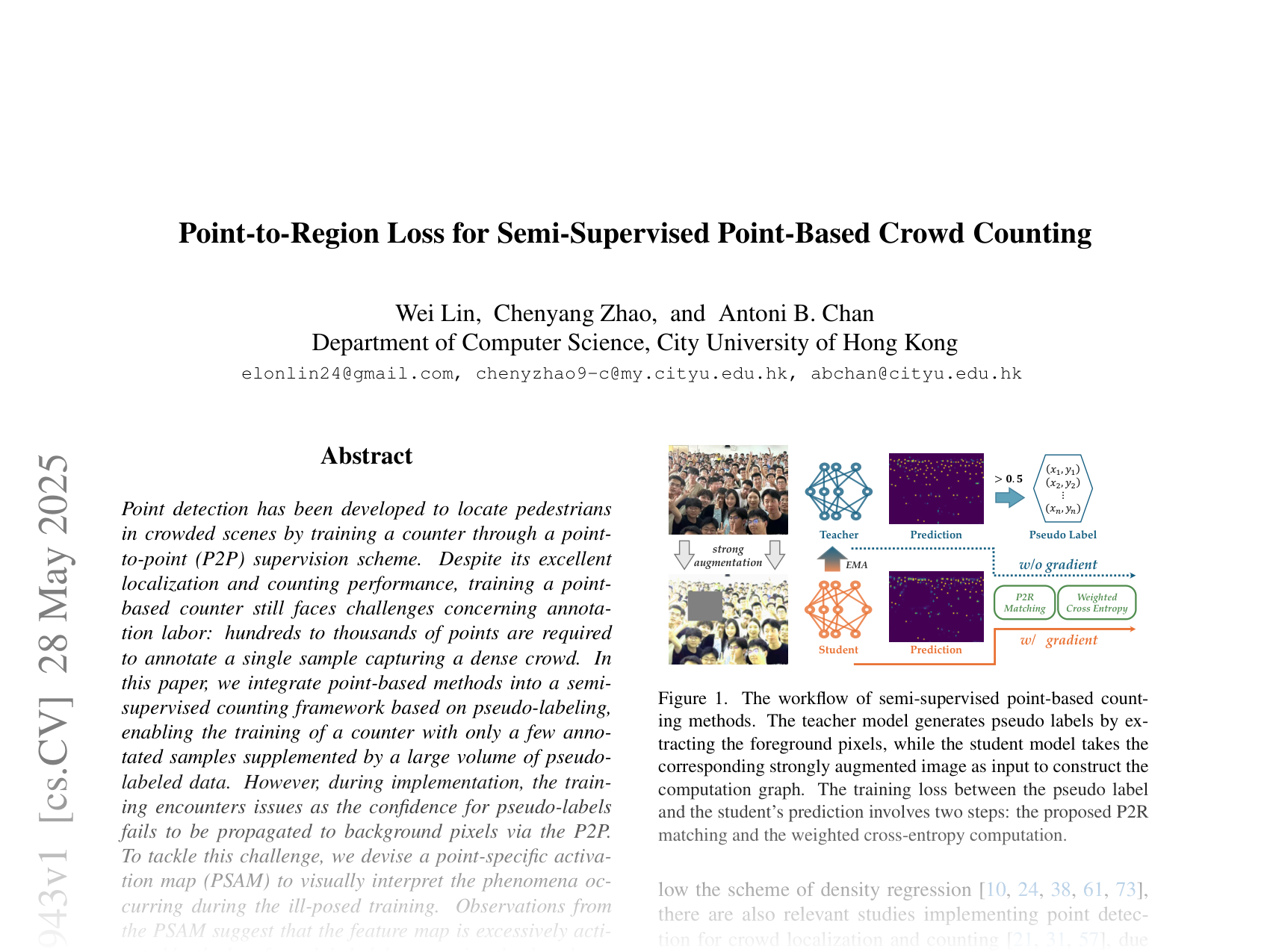 [Point-to-Region Loss for Semi-Supervised Point-Based Crowd Counting 🔗](https://arxiv.org/abs/2505.21943)