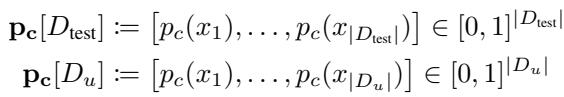 Equation defining the vectors of correctness probabilities for test and user datasets.