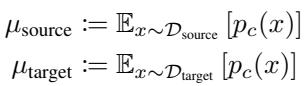 Equations defining mu_source and mu_target as the expected values of prediction correctness.