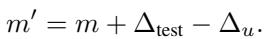 Equation for adjusted margin m&rsquo; equals m plus delta_test minus delta_user.