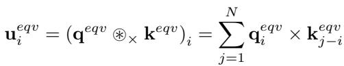 Equation 3 defining the vector long convolution as a sum of cross products between query and key vectors.