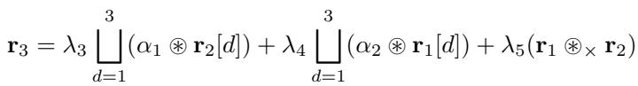 Equation 19 showing the vector output of geometric convolution combining scalar-vector interactions and vector-vector cross products.
