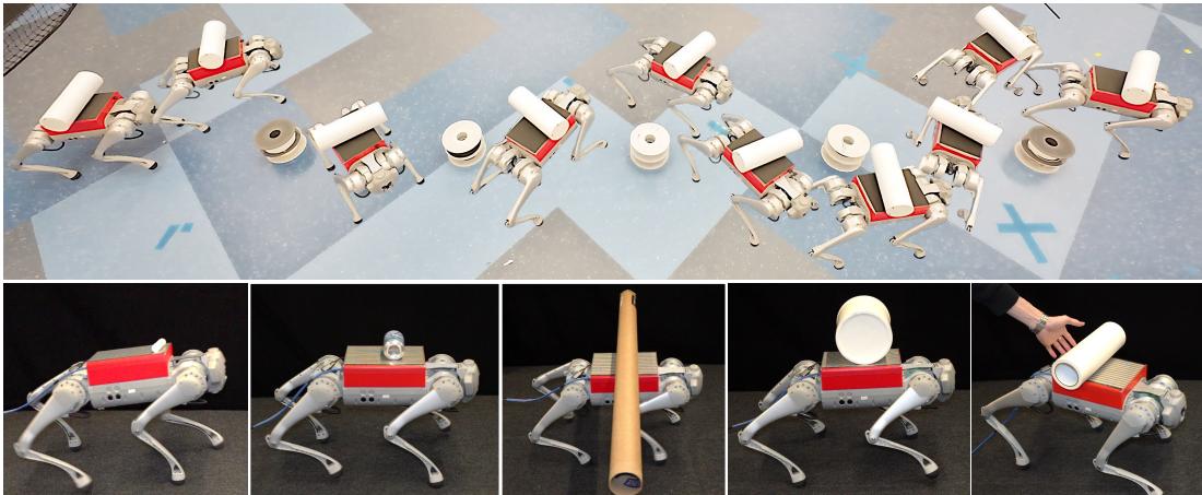 Figure 1: We present LocoTouch, a system for learning tactile-aware quadrupedal policies with zero-shot sim-to-real transfer.