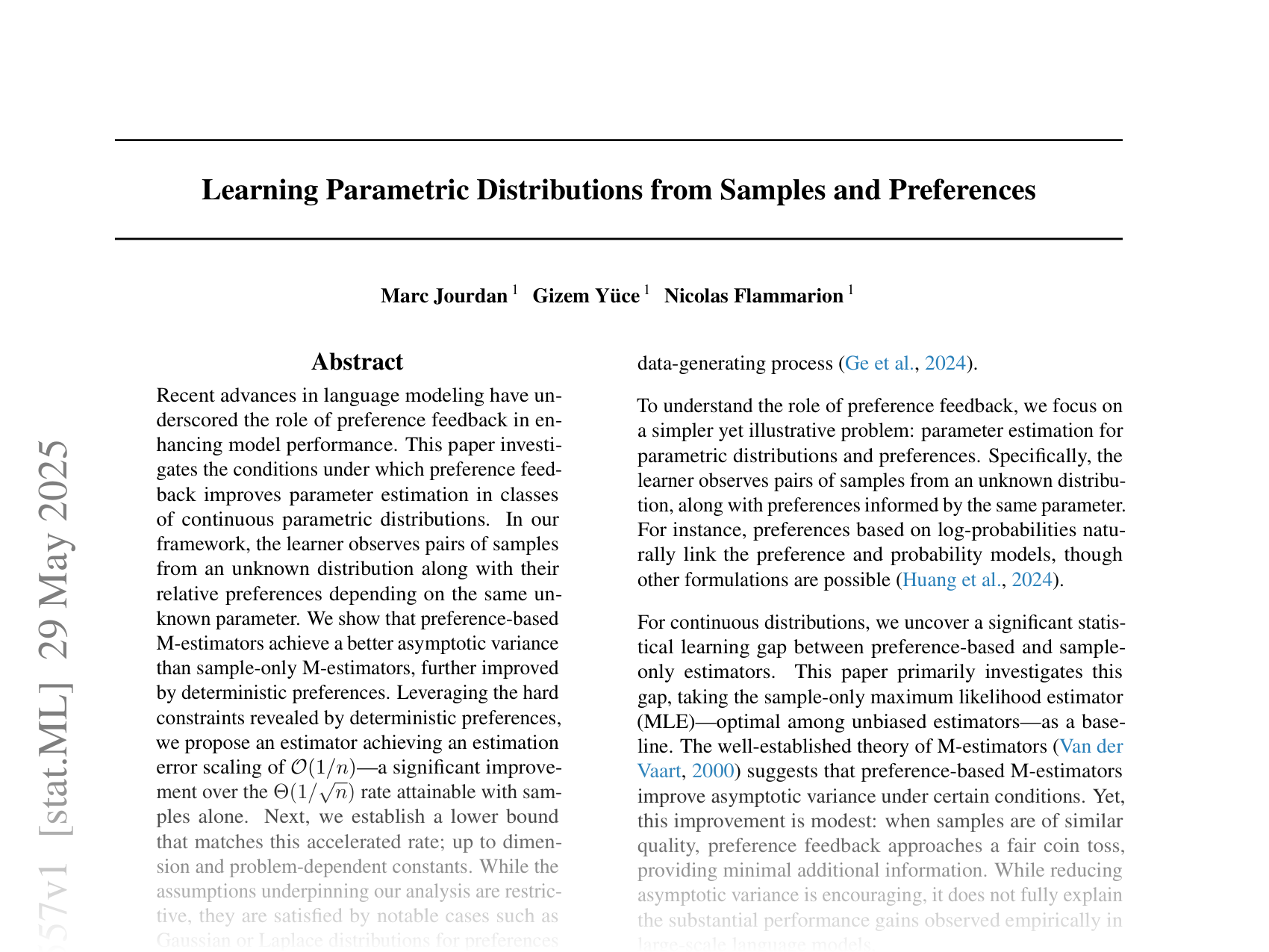 [Learning Parametric Distributions from Samples and Preferences 🔗](https://arxiv.org/abs/2505.23557)