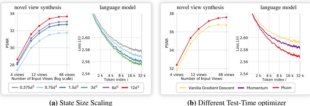 (a) Performance improves with larger fast-weight states; (b) Muon optimizer consistently outperforms gradient descent methods.