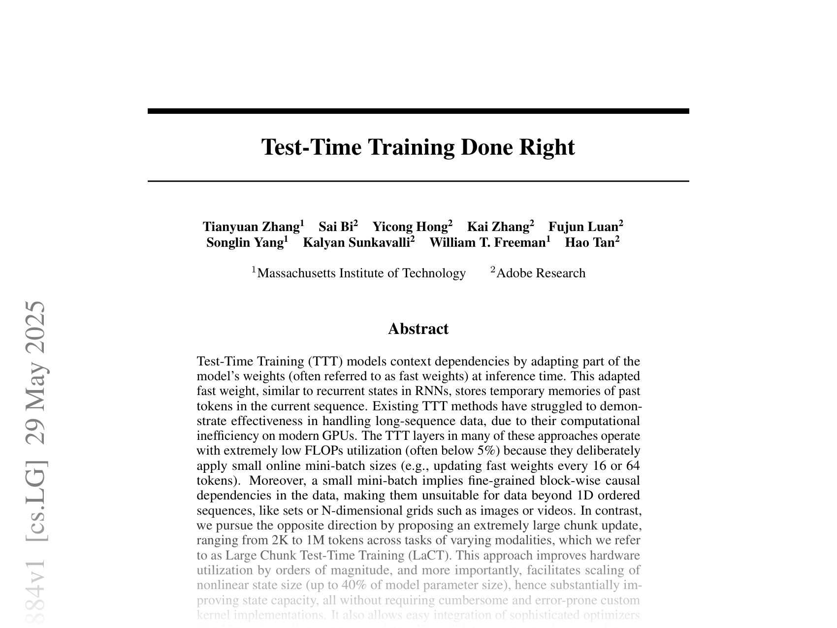 [Test-Time Training Done Right 🔗](https://arxiv.org/abs/2505.23884)