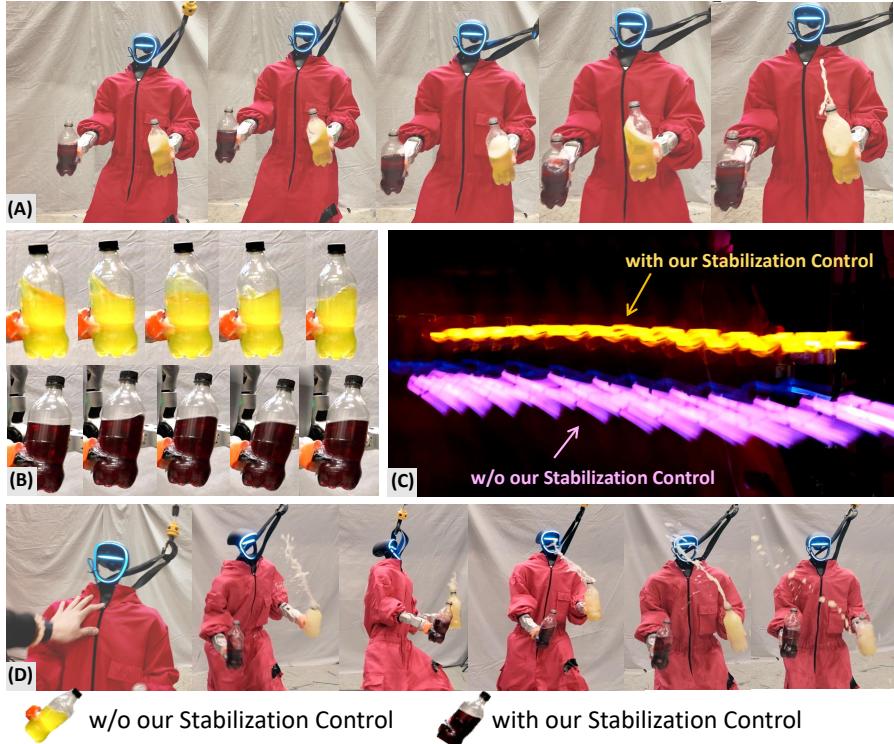 Figure 1: Learning Gentle Humanoid Locomotion and End-Effector Stabilization Control with SoFTA: (A) Carrying bottles of drink during a 1m/s large-step walk. (B) Liquid surface when the robot is tapping in place. (C) Long-exposure photo showing the robot holding a glow stick walks forward. (D) SoFTA keeps the drink from spilling, even after a fierce push.