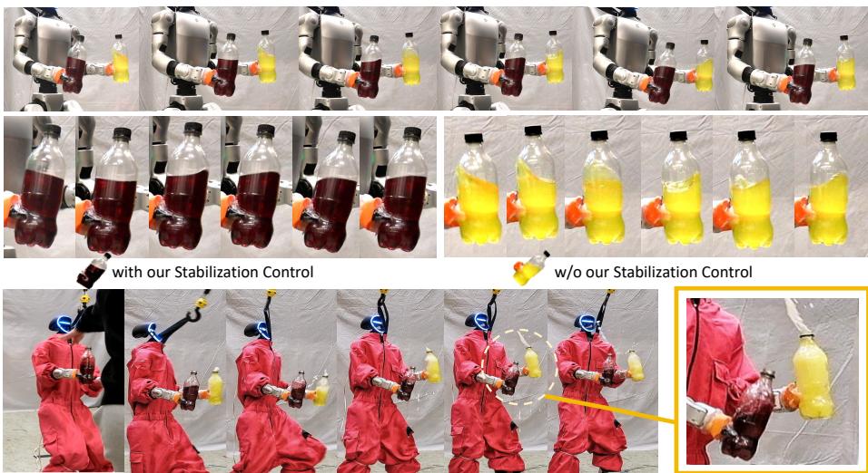 Figure 5: Top: Humanoid carring_bottle of water without spillage during tepping. Bottom: Humanoid disturbance rejection with EE stability.