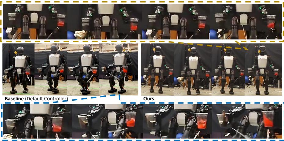 Figure 8: Real-world Results on Booster T1. The right hand holding the cola is controlled by our stabilization controller.