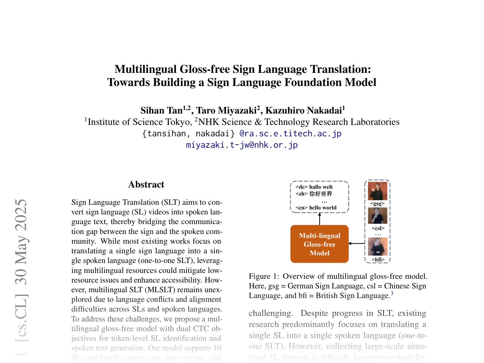 [Multilingual Gloss-free Sign Language Translation: Towards Building a Sign Language Foundation Model 🔗](https://arxiv.org/abs/2505.24355)