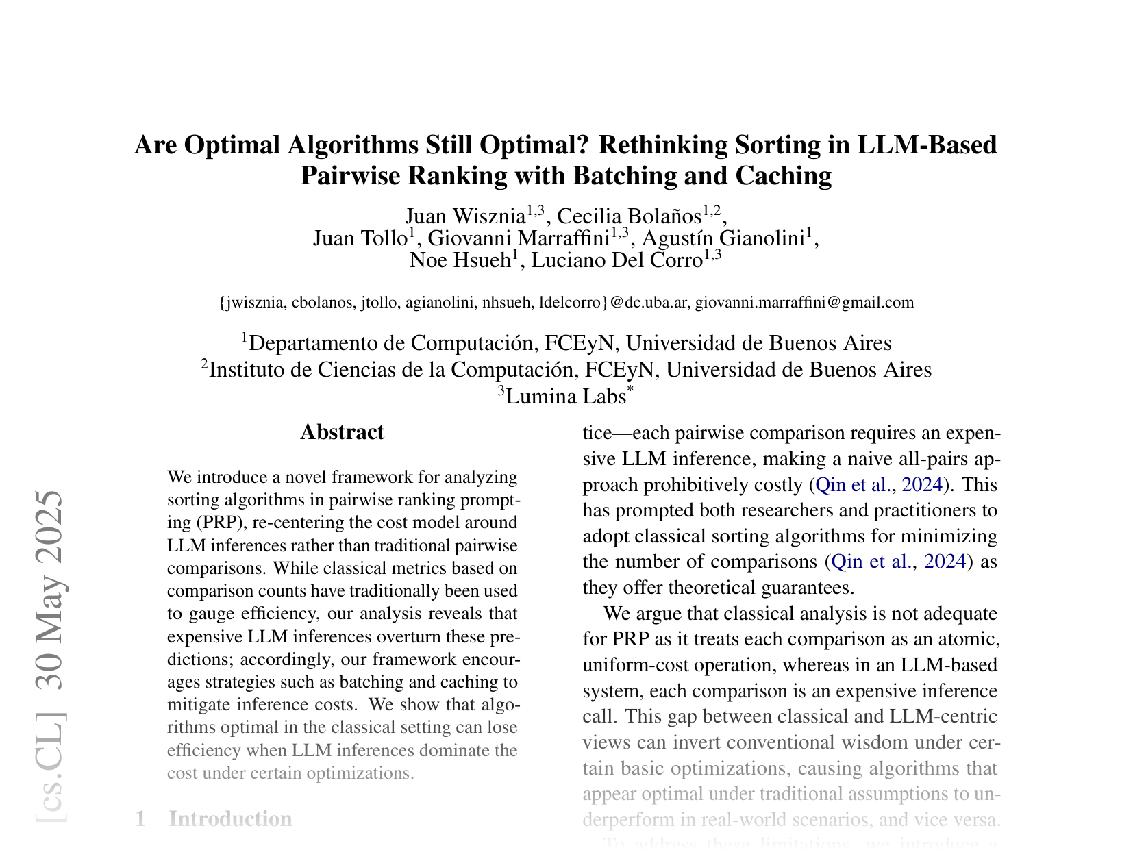 [Are Optimal Algorithms Still Optimal? Rethinking Sorting in LLM-Based Pairwise Ranking with Batching and Caching 🔗](https://arxiv.org/abs/2505.24643)