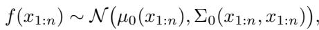 Equation showing the Gaussian Process assumption for the function f.