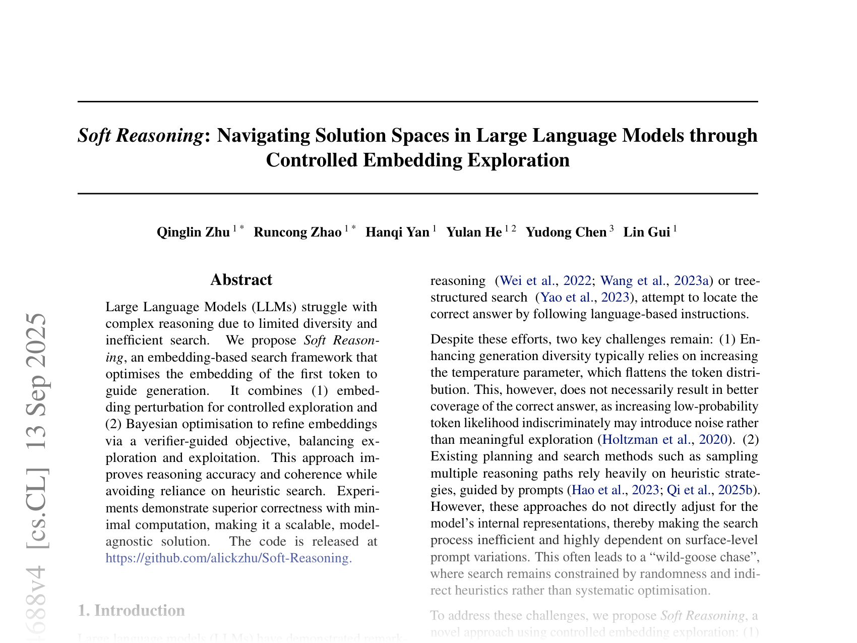 [Soft Reasoning: Navigating Solution Spaces in Large Language Models through Controlled Embedding Exploration 🔗](https://arxiv.org/abs/2505.24688)