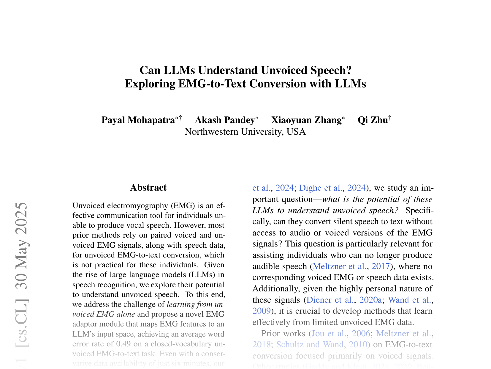 [Can LLMs Understand Unvoiced Speech? Exploring EMG-to-Text Conversion with LLMs 🔗](https://arxiv.org/abs/2506.00304)