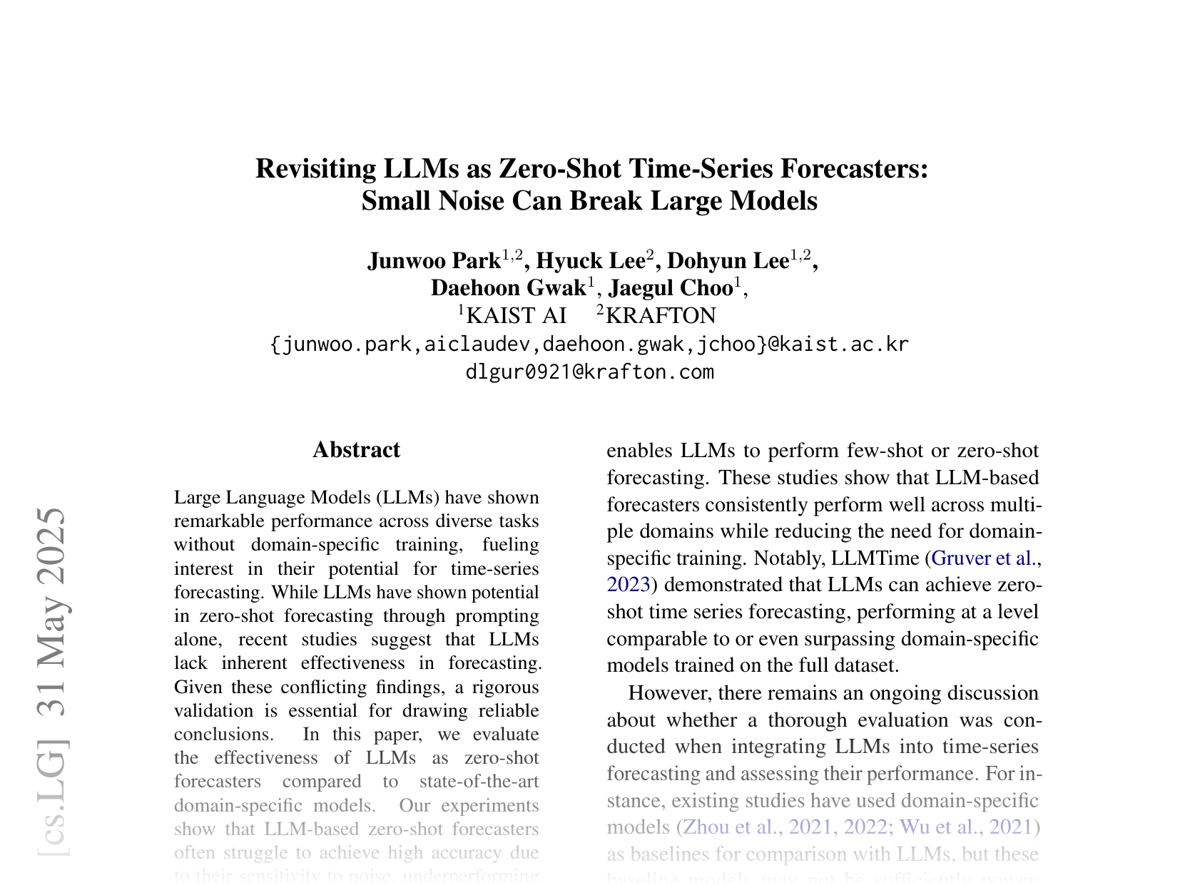 [Revisiting LLMs as Zero-Shot Time-Series Forecaster: Small Noise Can Break Large Models 🔗](https://arxiv.org/abs/2506.00457)