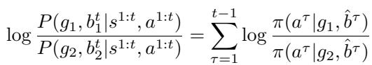 Equation 2: Comparing hypotheses about an agent&rsquo;s goals by evaluating relative log-likelihoods.