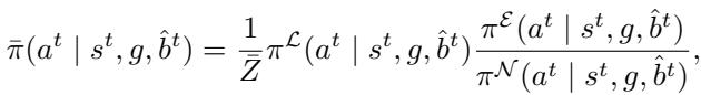 Equation 7: The policy distribution for the redirected large LM, adjusting output based on the shift between post-trained and naive small LMs.