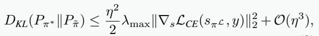Theorem 1: KL divergence analysis showing the approximation error is bounded.