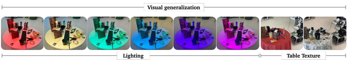 Visual generalization setup: lighting and background conditions.