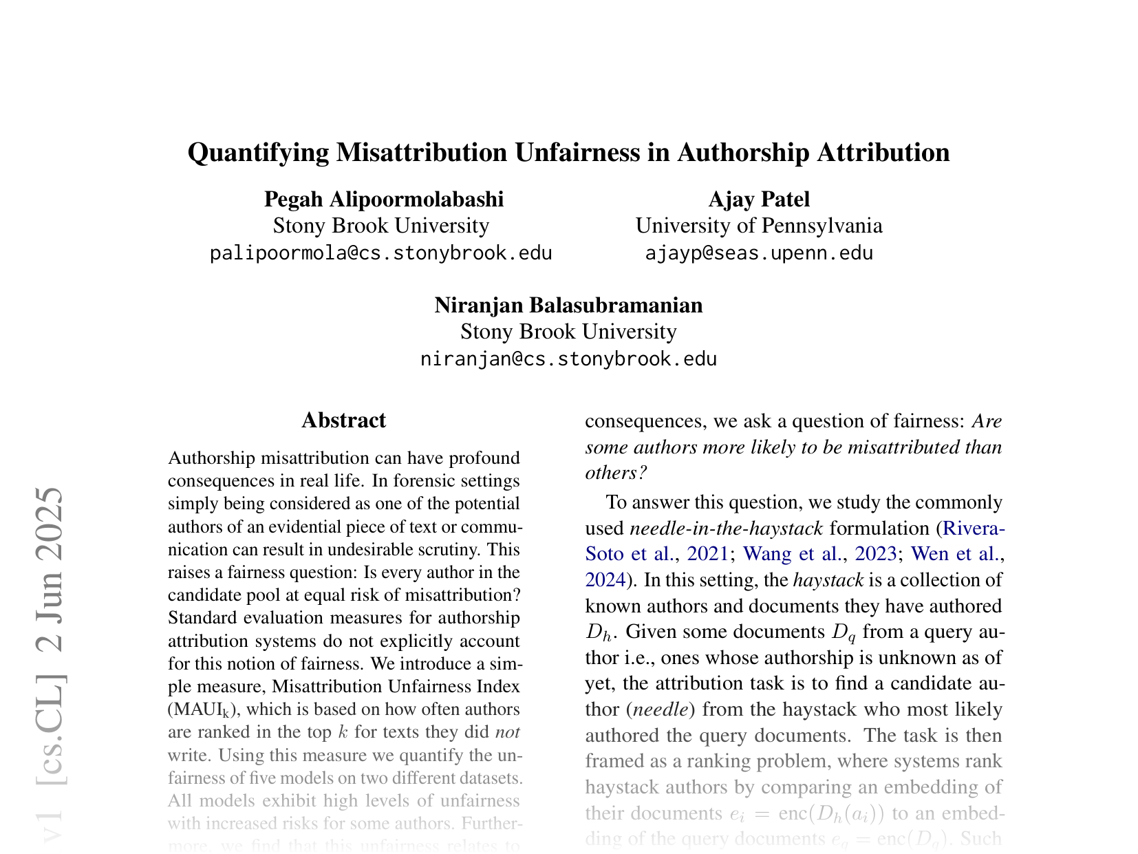 [Quantifying Misattribution Unfairness in Authorship Attribution 🔗](https://arxiv.org/abs/2506.02321)