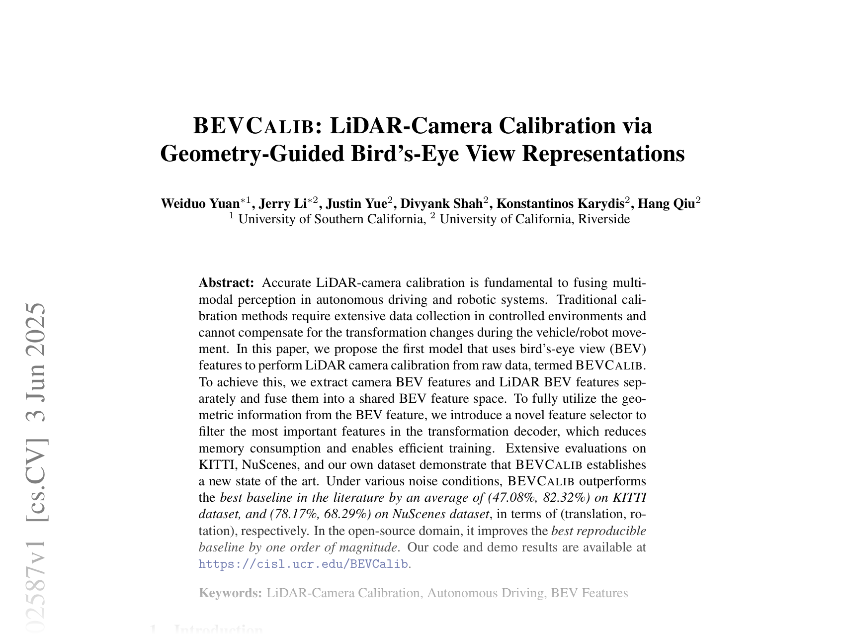 [BEVCALIB: LiDAR-Camera Calibration via Geometry-Guided Bird's-Eye View Representations 🔗](https://arxiv.org/abs/2506.02587)