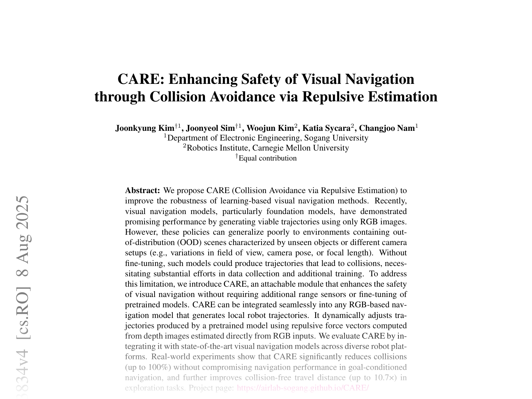[CARE: Enhancing Safety of Visual Navigation through Collision Avoidance via Repulsive Estimation 🔗](https://arxiv.org/abs/2506.03834)