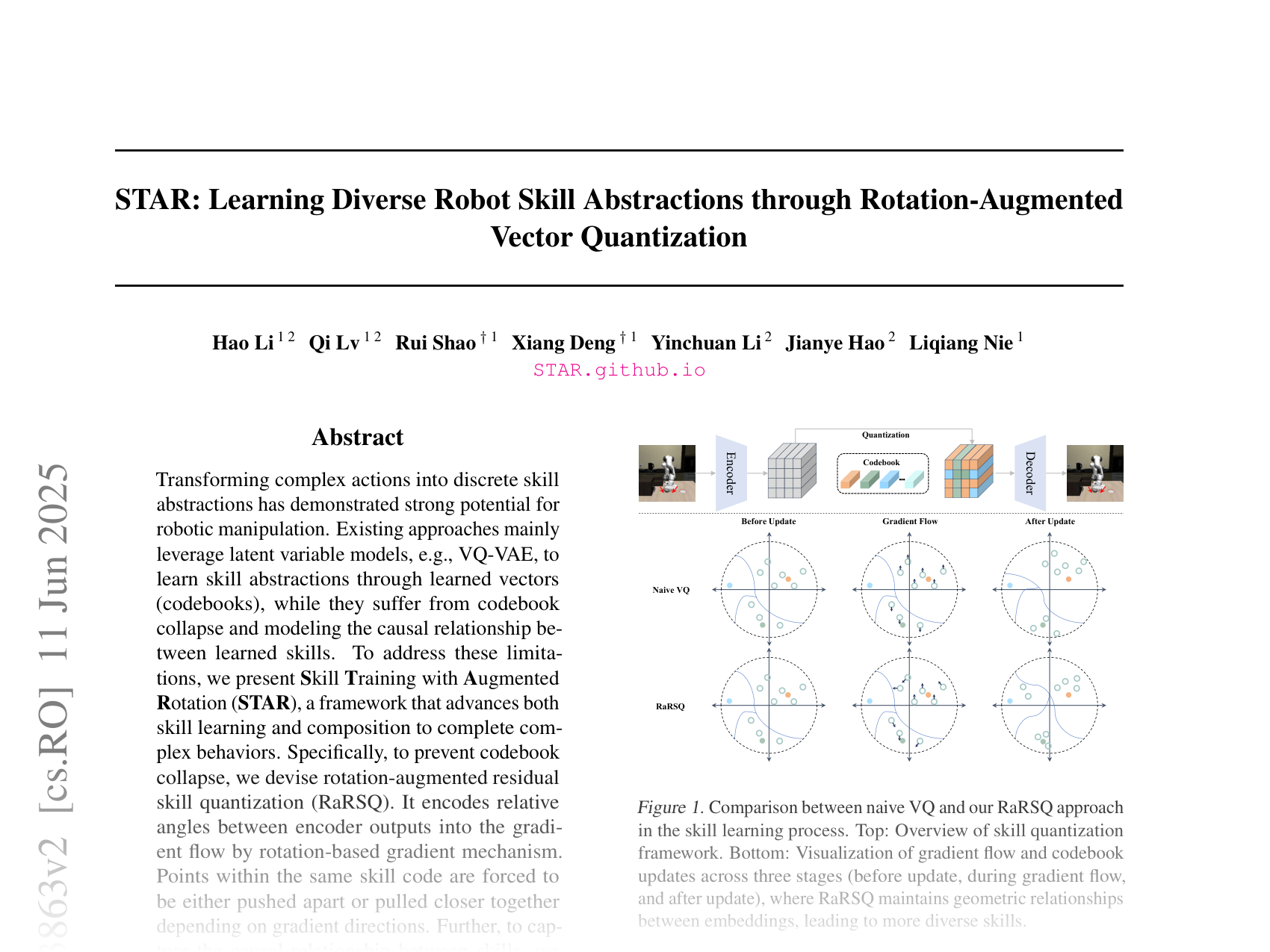 [STAR: Learning Diverse Robot Skill Abstractions through Rotation-Augmented Vector Quantization 🔗](https://arxiv.org/abs/2506.03863)