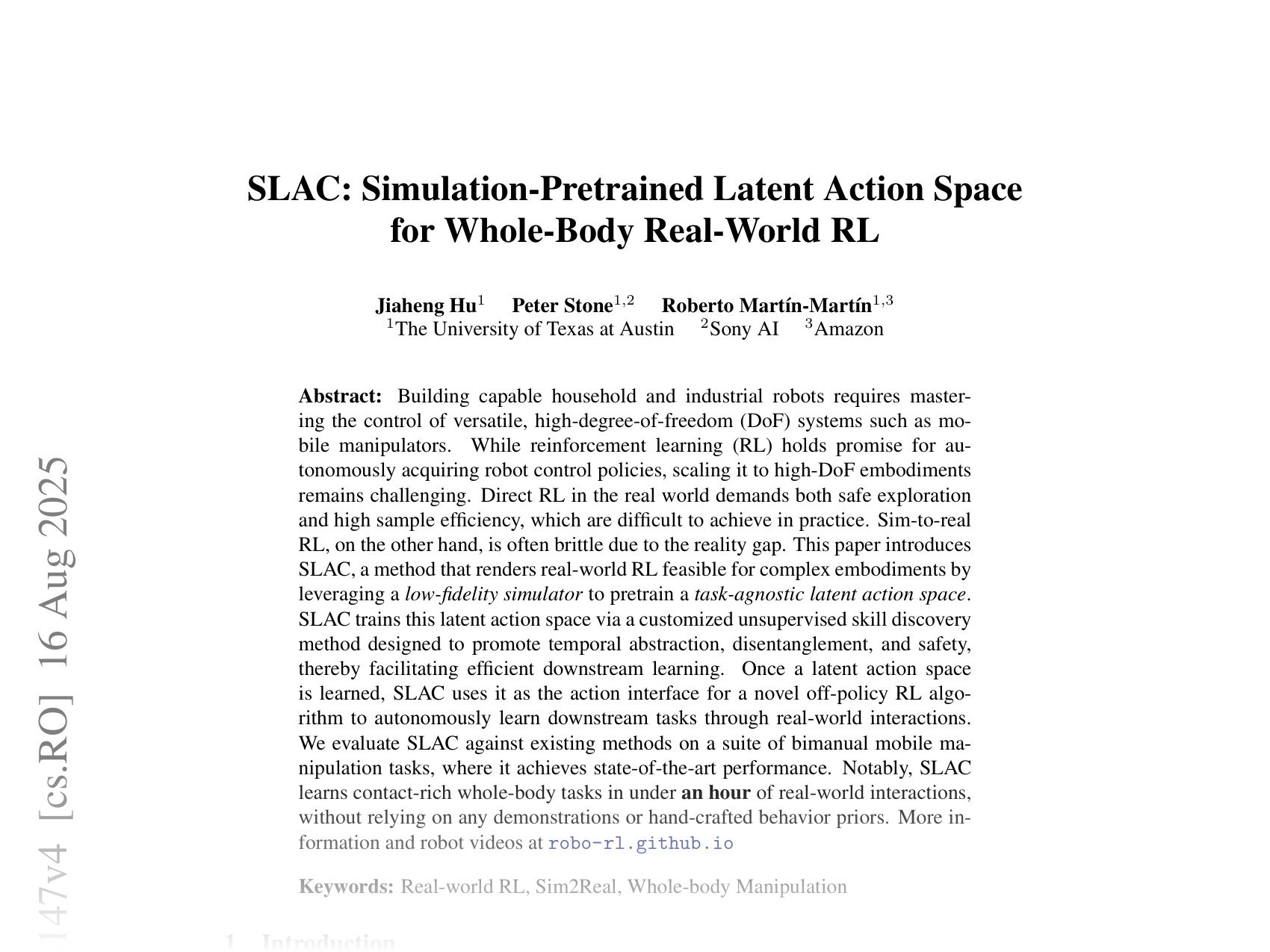 [SLAC: Simulation-Pretrained Latent Action Space for Whole-Body Real-World RL 🔗](https://arxiv.org/abs/2506.04147)