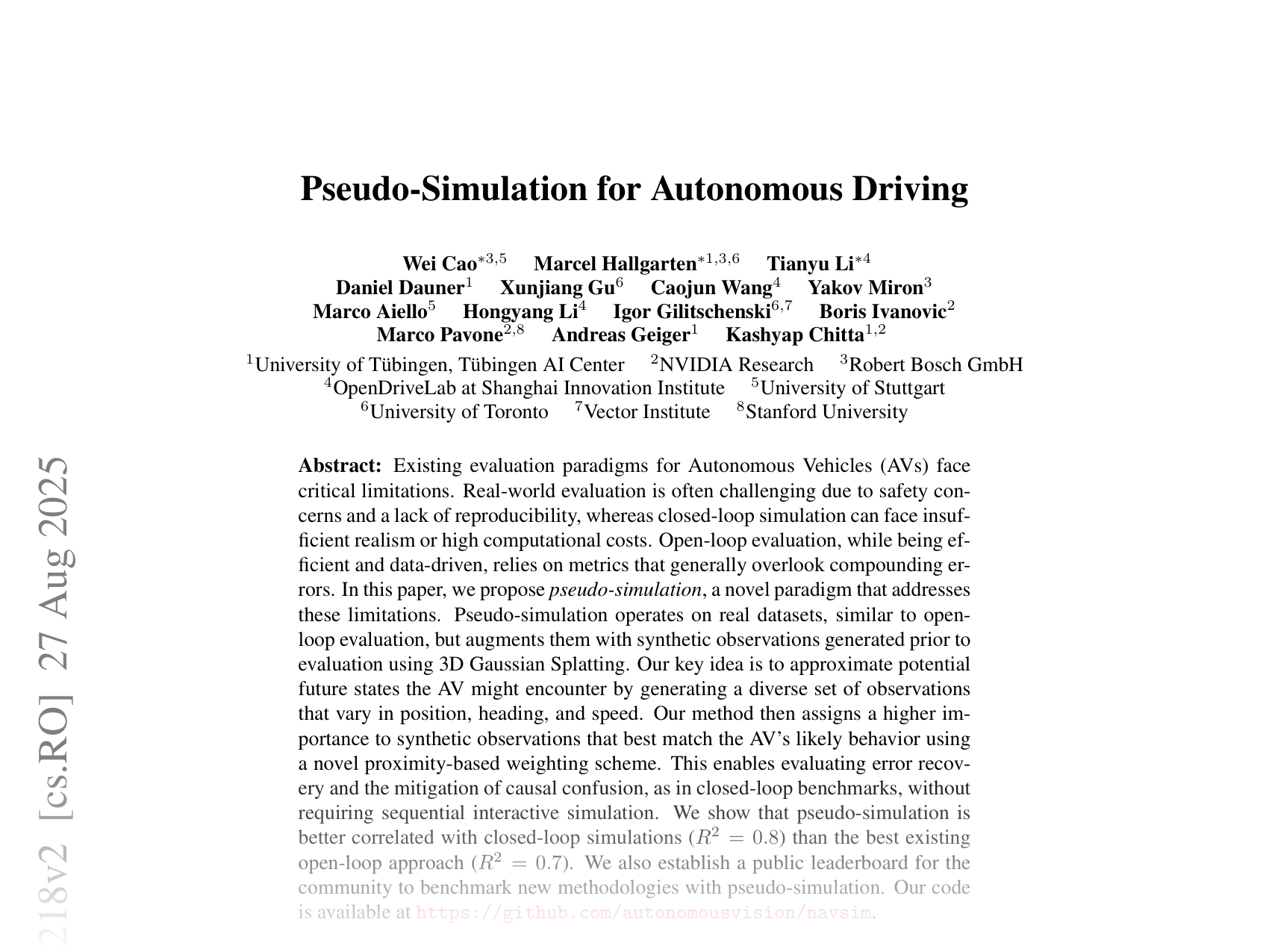 [Pseudo-Simulation for Autonomous Driving 🔗](https://arxiv.org/abs/2506.04218)