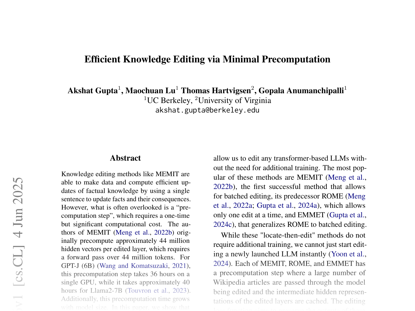 [Efficient Knowledge Editing via Minimal Precomputation 🔗](https://arxiv.org/abs/2506.04226)