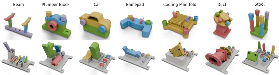 Figure 3: Top: benchmark assemblies. Bottom: the auto-generated pickup fixtures.