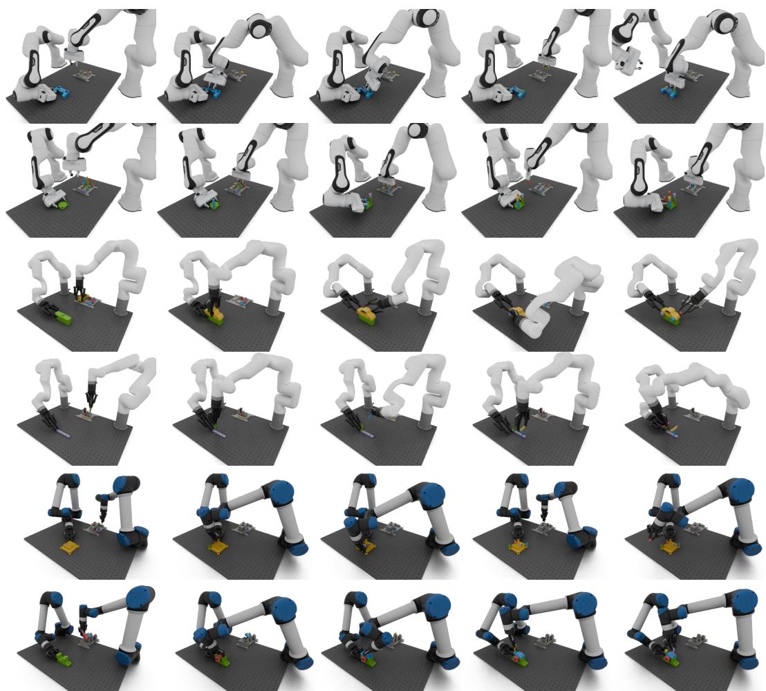 Figure 1: Step-by-step rendered assembly executions on different assemblies with different robots.