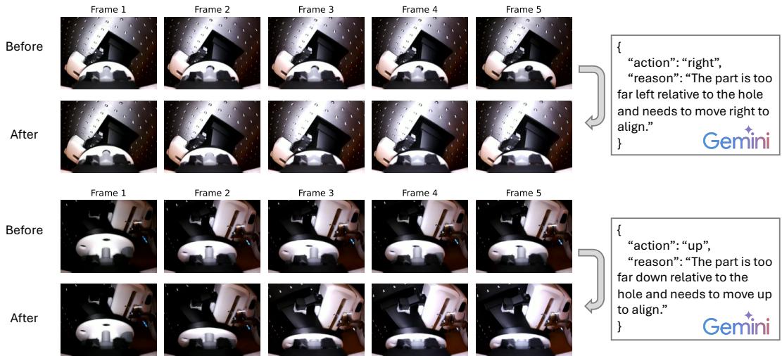 Figure 4: Example outputs from VLM during corrective alignment.