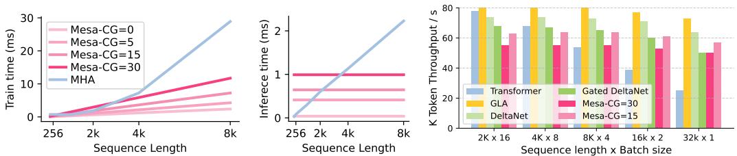 Train-time, inference-time and token throughput comparisons for the chunkwise-parallel Mesa (Mesa-CG) vs baselines. Mesa-CG remains competitive thanks to chunked matrix kernels despite extra CG iterations.