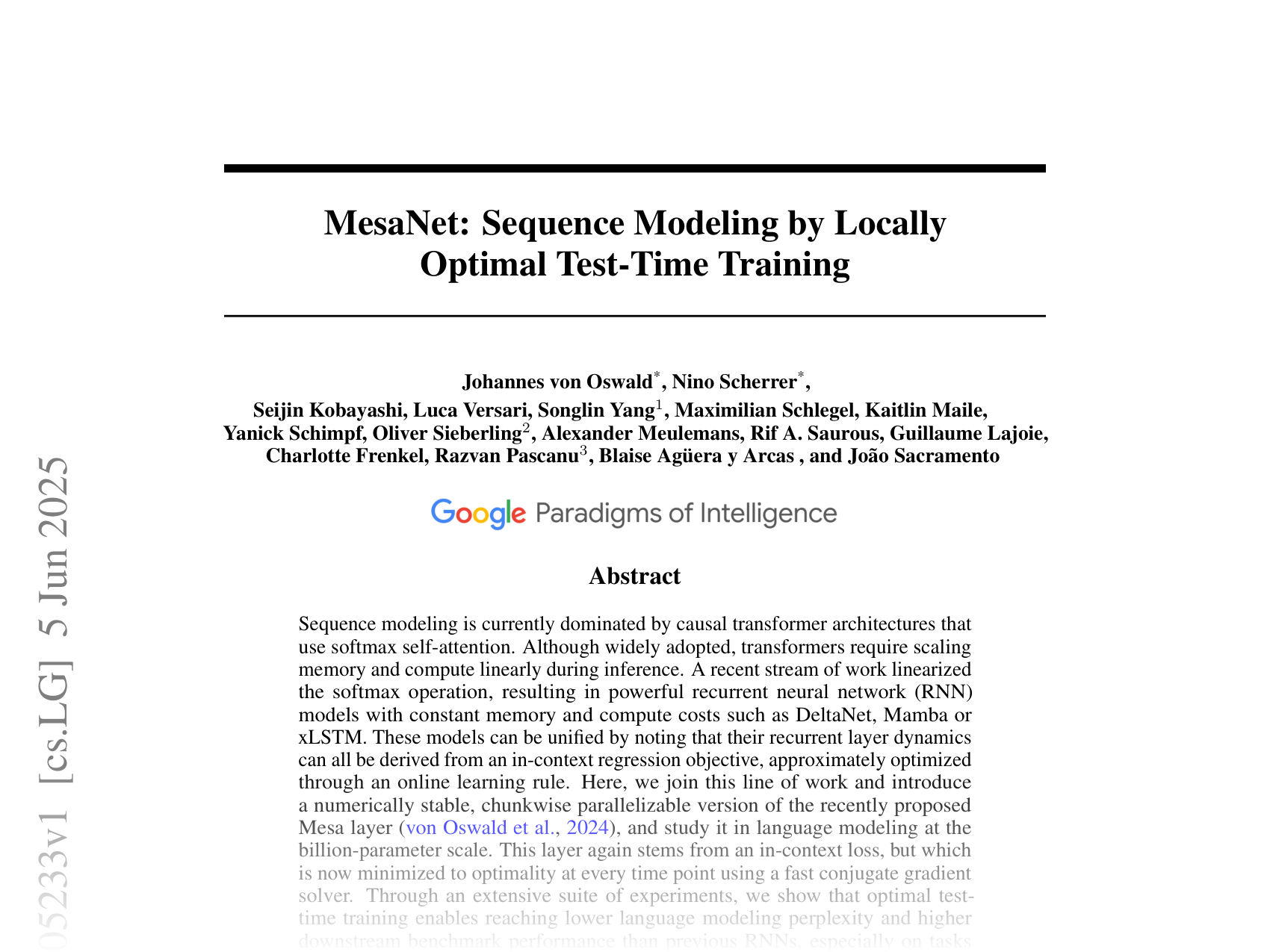 [MesaNet: Sequence Modeling by Locally Optimal Test-Time Training 🔗](https://arxiv.org/abs/2506.05233)