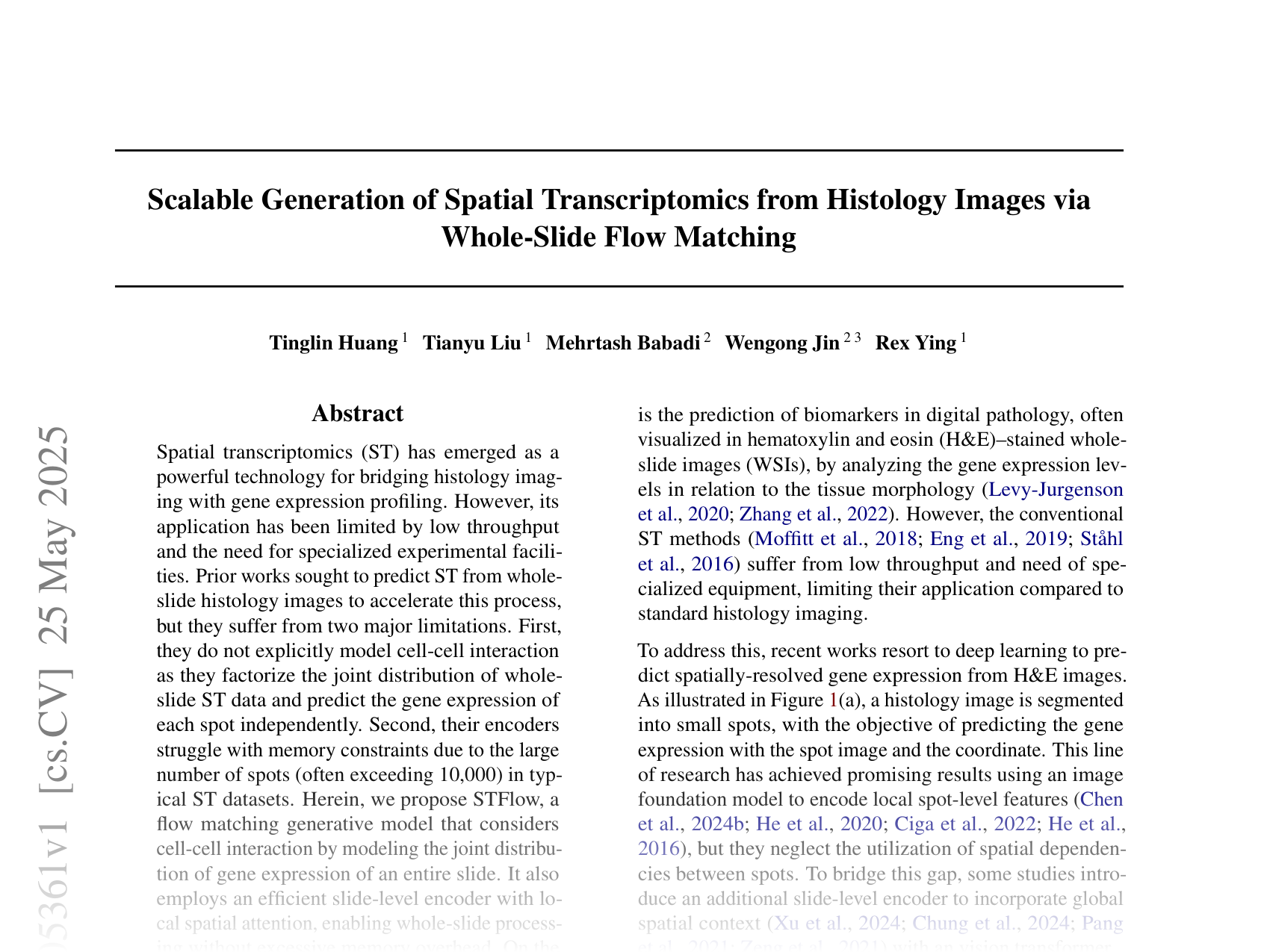 [Scalable Generation of Spatial Transcriptomics from Histology Images via Whole-Slide Flow Matching 🔗](https://arxiv.org/abs/2506.05361)